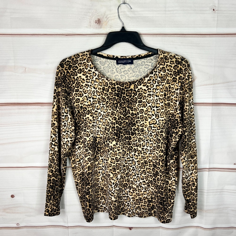 Jones New York Top Womens 2X Brown Cheetah Print T-Shirt Cotton Long Sleeve Knit